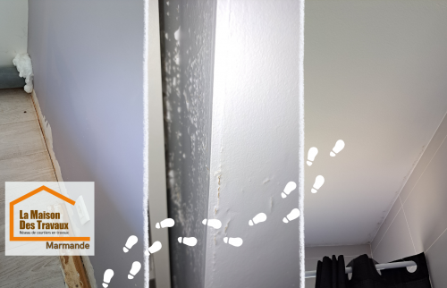Même un petit dégât des eaux peut laisser des traces visibles : ici, le mur a été assaini, repeint et protégé pour un intérieur sain et durable.