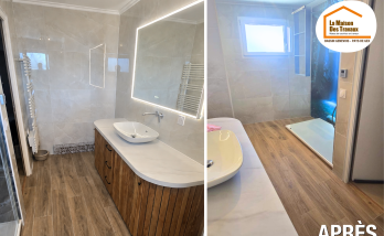 La Maison des Travaux Bassin Genevois Pays de Gex, rénovation salle de bains Annemasse, rénovation salle de bains Douvaine, faux plafond salle de bains, meuble vasque moderne