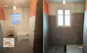 Salle de bain avant rénovation à Seyches : espace peu optimisé avec baignoire encombrante, repensé pour plus de confort et de fonctionnalité.