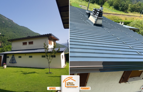 La Maison des Travaux Moûtiers, travaux toiture en hauteur, nacelle sécurisée chantier, rénovation bande rive Savoie, peinture façade toiture, artisan rénovation de toit Moûtiers