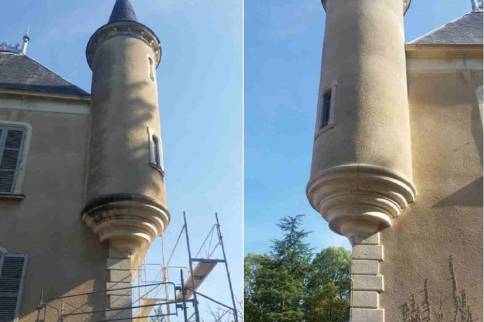 Dareizé (Rhône) : Rénovation de façade d'un château classé - zoom sur une tourelle avant après
