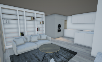 Vue 3D par architecte d'intérieur avec proposition salon - bibliothèque 