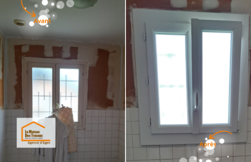 Remplacement d’une ancienne fenêtre simple vitrage par une menuiserie PVC moderne au Passage (47520), pour améliorer le confort thermique et la luminosité.