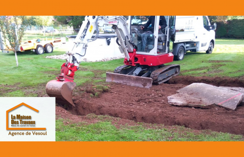 Terrassement précis pour les fondations de l’extension de 20 m², garantissant une base solide.