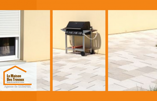 Terrasse carrelée à Plomeur : surface lumineuse et moderne, idéale pour accueillir un barbecue ou un salon de jardin.