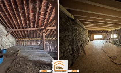 transformation grange habitation, rénovation structure bois, création mezzanine Combloux, réhabilitation bâtiment ancien, rénovation intérieure montagne