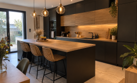 Cuisine contemporaine noire et bois avec grand îlot central, tabourets en rotin, éclairage suspendu et nombreux rangements.