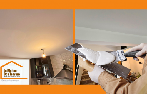 Plafond rénové à Venelles : résultat lisse et lumineux dans un salon redonné à neuf grâce à Laurent Nemer, courtier La Maison Des Travaux.