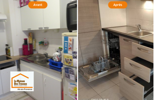 Avant / après d’une rénovation de cuisine près de Venelles. Transformation complète d’une cuisine ancienne en espace moderne, fonctionnel et parfaitement optimisé grâce à l’accompagnement de Laurent Nemer.