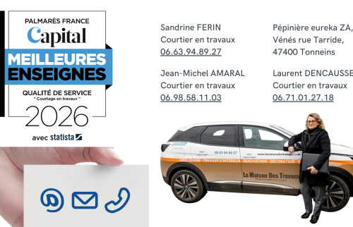 Contactez votre courtier en travaux La Maison Des Travaux à Marmande, reconnu parmi les meilleures enseignes 2026 pour la qualité de son accompagnement.
