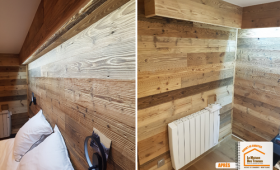rénovation appartement Chamonix, chambre style chalet moderne, bardage bois intérieur, aménagement chambre montagne, la maison des travaux sallanches, bardage bois