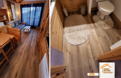rénovation appartement Méribel, sol parquet moderne, confort thermique logement montagne, courtier en travaux Savoie, rénovation simple efficace