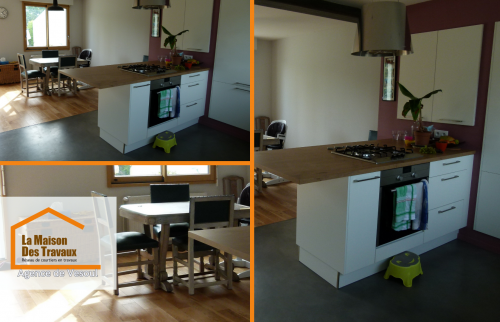 Cuisine rénovée près de Luxeuil – Rénovation moderne avec îlot central, sol mixte bois/béton et rangements optimisés. Un espace fonctionnel et chaleureux.