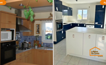 Découvrez la transformation complète d’une cuisine à Quimper, passée d’un espace daté à une pièce moderne, lumineuse et fonctionnelle.