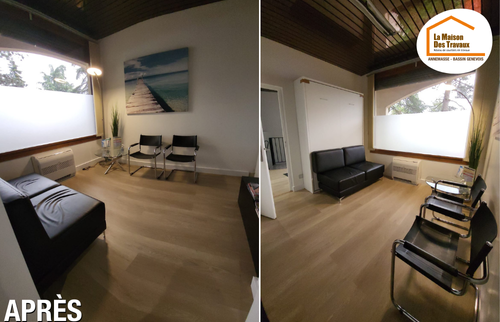 rénovation accueil médical, transformation salle d’attente, menuiseries neuves cabinet, parquet moderne, optimisation espace de travail