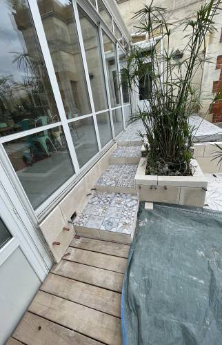 Calepinage des marches de terrasse pour façade arrière maison mitoyenne à Boissy-le-Châtel (77169)