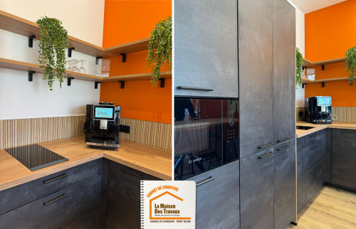 aménagement espace convivial, cuisine professionnelle design, rénovation agence travaux, installation cuisine sur mesure, accompagnement travaux professionnels, la maison des travaux