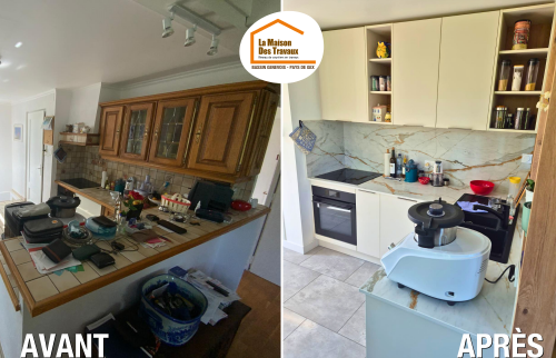 claustra bois cuisine, rénovation maison Bassin Genevois, cuisine effet marbre, rénovation cuisine ouverte 74100, courtier rénovation Haute-Savoie