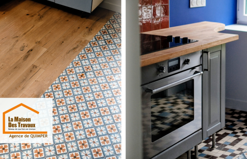 Rénovation de sol à Quimper : mariage réussi entre parquet bois et carreaux de ciment pour un intérieur chaleureux et authentique.