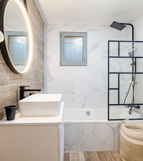 aménagement intérieur Gex, salle de bain fonctionnelle Divonne-les-Bains, meuble vasque design Saint-Genis-Pouilly, miroirs lumineux Ferney-Voltaire, optimisation espace Péron, rénovation