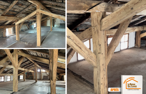 rénovation combles La Léchère, conservation structure d’origine, rénovation poutres apparentes, techniques rénovation douce, projet rénovation Savoie