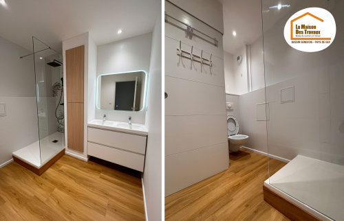 courtier en travaux salle de bain, accompagnement rénovation salle de bain, artisans rénovation Saint-Julien-en-Genevois, projet salle de bain clé en main, rénovation maison Haute-Savoie, La Maison des Travaux Bassin Genevois