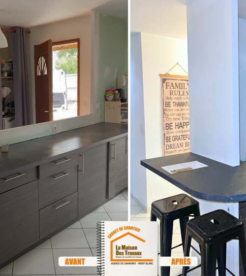 séparation cuisine verrière, aménagement cuisine conviviale La Clusaz, rénovation maison de montagne, courtier en travaux Haute-Savoie, cuisine moderne avec bar, La Maison des Travaux Chamonix