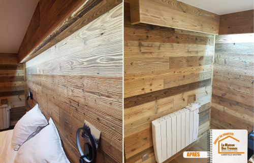 travaux rénovation Méribel, La Maison des Travaux Moûtiers, cloison chambre montagne, déco bois contemporain, ambiance montagnarde moderne, prix bardage bois