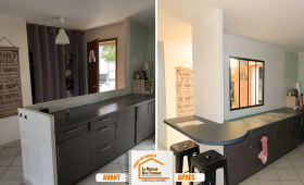 verrière intérieure cuisine, plan de travail-bar sur mesure, rénovation cuisine Chamoux-sur-Gelon, modernisation cuisine