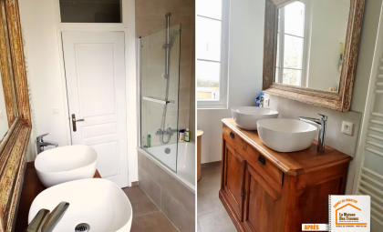 rénovation salle de bain Demi-Quartier, meuble rénové aérogommage, artisan rénovation Haute-Savoie, baignoire encastrée moderne, carrelage salle de bain montagne, la maison des travaux chamonix, la maison des travaux sallanches