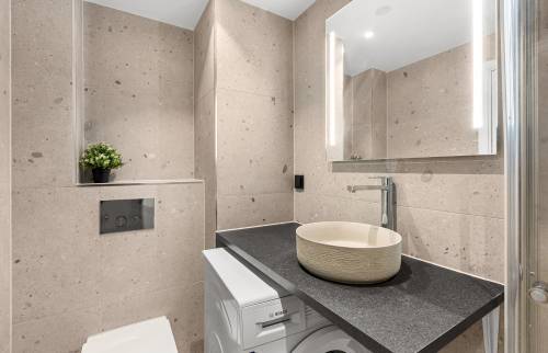 Transformation ancienne salle de bain en SDE avec WC suspendu et raccordement lave-linge sous tablette à Pleyben (29190)- 