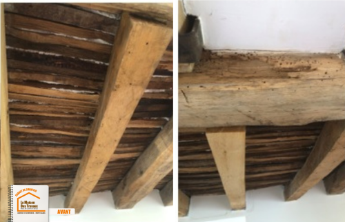 rénovation pièce de vie Praz-sur-Arly, isolation murs maison, création faux plafond, rénovation poutres bois apparentes, peinture intérieure montagne, La Maison des Travaux Sallanches, courtier