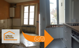 Avant : Cuisine vétuste à Héricourt, murs défraîchis et installations obsolètes, en attente d’une rénovation complète.