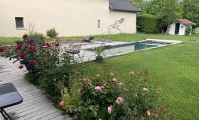 Piscine contemporaine réalisée à La Côte-Saint-André avec aménagement extérieur complet pour créer un véritable lieu de vie en plein air.