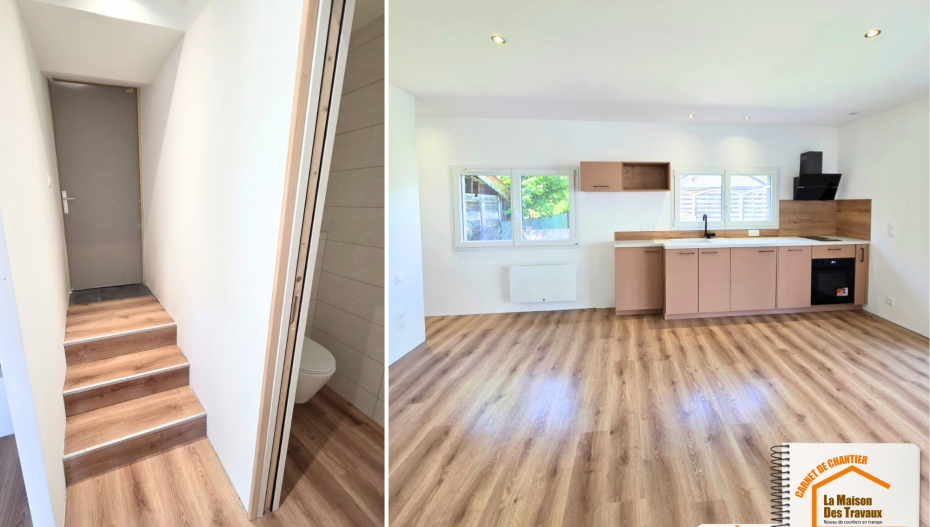  installation cuisine équipée, studio moderne Savoie, transformation avant après garage, rénovation intérieure maison, studio avec salle de bain intégrée