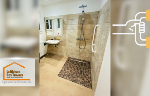 Salle de bain sécurisée et moderne – Un espace entièrement rénové avec une douche sans seuil, un sol antidérapant et des barres d’appui pour une accessibilité optimale.
