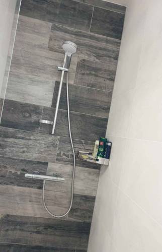 vue sur l'intérieure de la douche avec la faïence effet bois