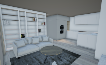 Vue 3D par architecte d'intérieur avec proposition salon - bibliothèque 