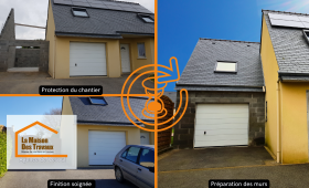 Travaux d’extension et ravalement de façade à Vesoul. Protection du chantier et préparation des murs pour une finition parfaite.