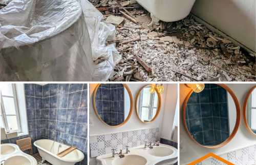 Une salle de bain ancienne transformée en espace élégant et fonctionnel, rénovée avec soin à Quimper pour une location de charme.