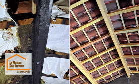 Avant/Après impressionnant : la charpente complètement détruite a été remplacée par une structure neuve, solide et conforme.