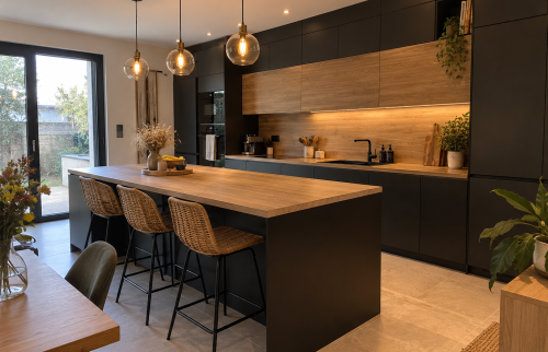 Cuisine contemporaine noire et bois avec grand îlot central, tabourets en rotin, éclairage suspendu et nombreux rangements.