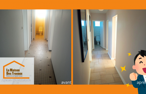 Rénovation d’un couloir à Ste Bazeille : nouveau carrelage, lumière optimisée, résultat chaleureux et moderne.