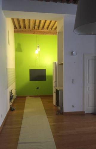 Réalisation d'une cuisine dans les tons bleus avec carrelage terrazzo assorti, appartement type Canut situé à Lyon