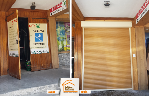 rénovation magasin Méribel, rénovation enseigne bois, bardage bois commerce, rénovation local professionnel Savoie, travaux commerce station