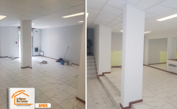 rénovation bureau en salle, carrelage local commercial Albertville, adaptation plafond démontable, reprise sol béton Savoie, subventions travaux entreprises