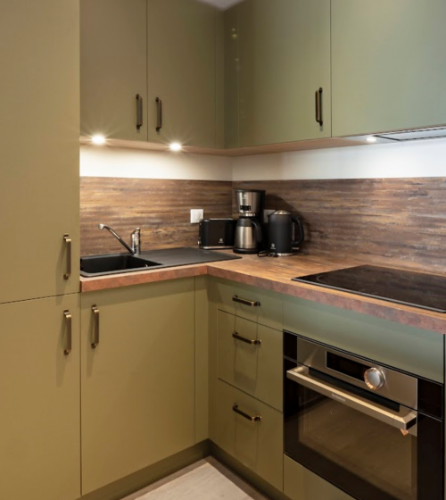 Travaux de rénovation cuisine sur roscanvel (29570)  décor mélaminé vert et chêne rustique