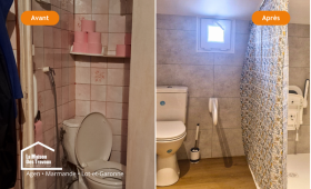 Avant/après d’une salle de bain repensée pour améliorer l’accessibilité, supprimer les obstacles et faciliter les déplacements au quotidien.