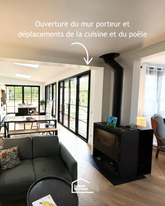 Ouverture du mur porteur et déplacements de la cuisine et du poêle (Crosne 91560)