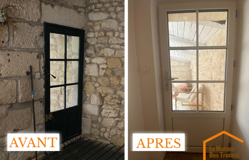 Rénovation d'une porte-fenêtre petits bois double vitrage bois côté balcon